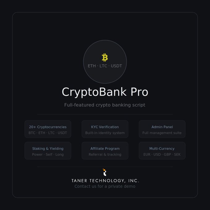 The image shows an advertisement for CryptToBankPro, which is a cryptocurrency trading platform. The main focus of the advertisement is the "CryptoBankPro" service, which offers various features such as KYC verification, affiliate marketing program, and full-service management suite. The advertisement also highlights that there's a special pricing offer available, with contact information provided for inquiries or potential clients interested in trying out the platform.