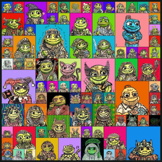 A collage of numerous colorful pixel-art illustrations featuring various frog characters in different outfits.