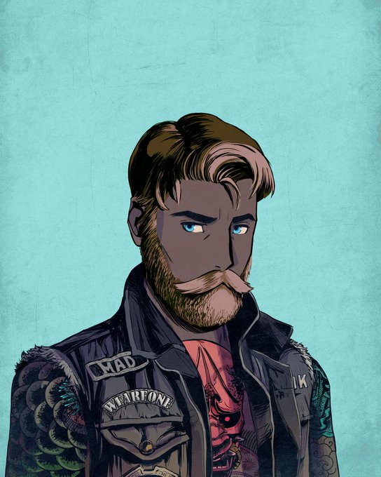 Stylized comic-style illustration of a bearded man with blue eyes wearing a black leather jacket with 'MAD' and 'WARRIOG' patches, set against a teal background.