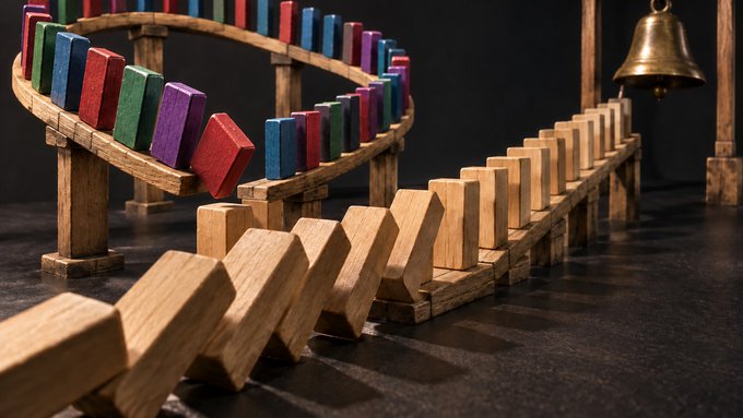 A colorful wooden domino track winds through the scene, ending at a brass bell—symbolizing the temptation to chase the next "ring" of a hot trade, much like the urge to pivot from a long-term Bitcoin strategy into MSTR options or AI stocks when momentum shifts. The cascading chain of falling dominoes visually mirrors how one seemingly small deviation from a working 20-year plan can topple the whole structure.