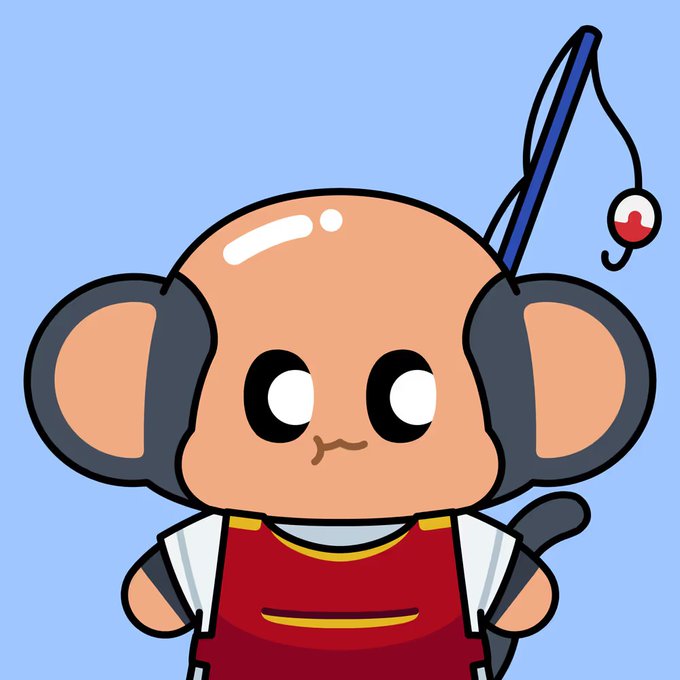 A cute cartoon monkey character with a bald head, wearing a red and white outfit, featuring a fishing rod-shaped antenna with a Pac-Man-style hook, set against a light blue background.
