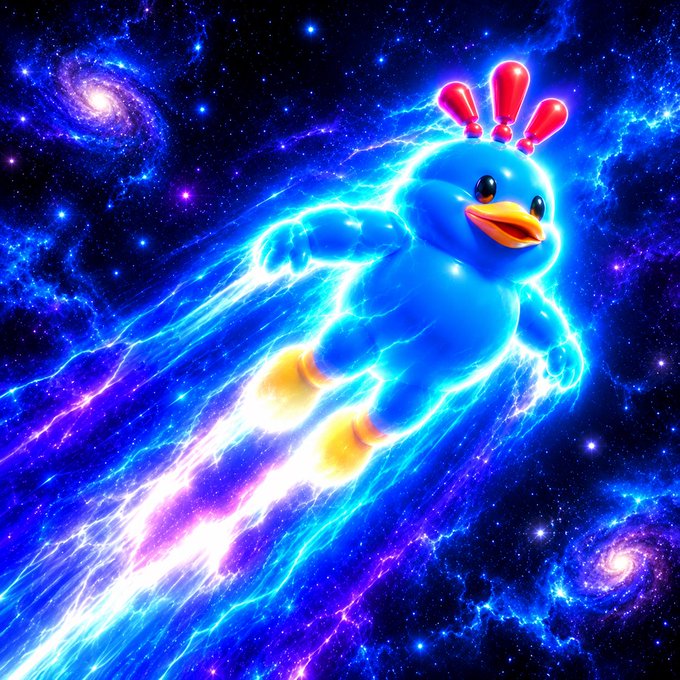 A stylized digital artwork of a blue cartoon duck-like character flying through a vibrant, starry cosmic background with electric blue energy trails.