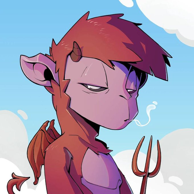 A digital illustration of a pink-skinned demon character with small horns, purple hair, and wings, holding a pitchfork and smoking a cigarette against a cloudy sky.