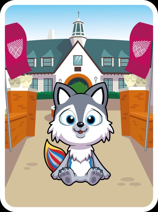 A cartoon husky character holding a striped heart sits in front of a building entrance flanked by pink banners.
