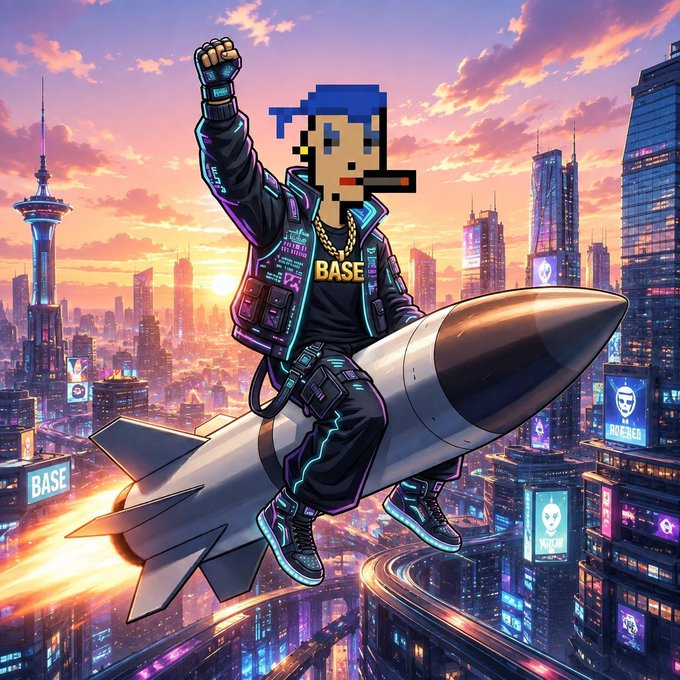 An anime-style illustration of a character with a pixelated face riding a rocket through a futuristic neon cityscape with a 'BASE' sign.