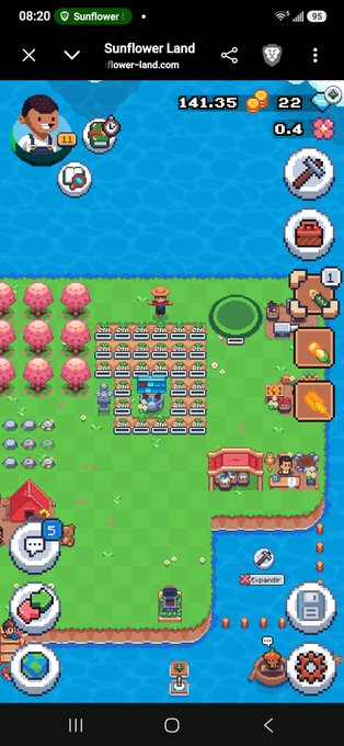 A mobile screenshot of the game 'Sunflower Land' (flower-land.com) showing a pixel-art farm scene with a character avatar, crops, animals, and various UI elements including resources like coins (141.35) and flowers (22).