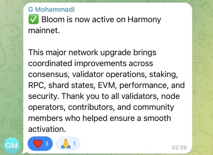 A message from G Mohammadi announcing that Bloom is now active on Harmony mainnet, thanking validators, node operators, and community members for the smooth activation.
