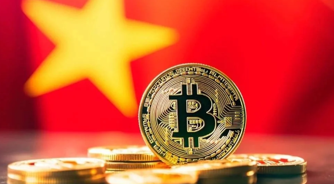A Bitcoin coin stands upright against a blurred Chinese flag with its iconic yellow stars on red background, suggesting cryptocurrency's presence in China.