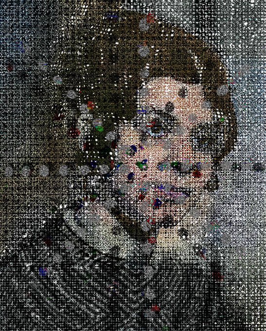 The image features a digital art piece of a woman's face, which appears to be a collage or mosaic composed of small dots and shapes that create an abstract representation of her face. The artwork is displayed on a canvas with a gray background, giving it a somewhat muted appearance. The artist has used various colors and patterns to create the image, making it visually interesting and unique. The post includes text that reads "Out of the studio and into the hands of 4 amazing friends on @objktcom !!! Thanks for the endless love and support. Cheers! @August35750182 @Empatia17 @KT". This message is related to the artwork, suggesting that it was created as a collaborative effort between the artist and their friends or supporters.