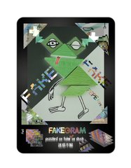 A 'FANTOGRAM' card featuring a glitchy green triangular character design with pixel effects and stylized text on a holographic background.