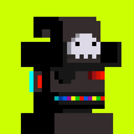 A pixel art character resembling a grim reaper or dark figure with a white skull face, black hood, and colorful belt, set against a bright green background.