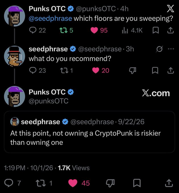 A screenshot of a Twitter/X exchange between @punksOTC and @seedphrase, where Punks OTC quotes seedphrase saying 'At this point, not owning a CryptoPunk is riskier than owning one.'
