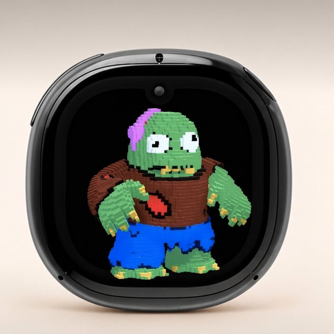A smartwatch displaying a pixel-art 3D rendering of a green zombie-like character with purple hair and a torn brown shirt.