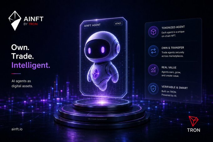 A promotional graphic for 'AINFT BY TRON' featuring an AI agent robot as a digital asset, with text 'Own. Trade. Intelligent. AI agents as digital assets' and features including 'TOKENIZED AGENT', 'OWN & TRANSFER', 'REAL VALUE', and 'VERIFIABLE & SMART'.