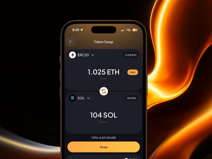 A smartphone displays a Token Swap interface showing 1.025 ETH being exchanged for 104 SOL, with a balance of 3.125 ETH and 126 SOL, at a rate of 1 ETH ~2,617.40 USD.