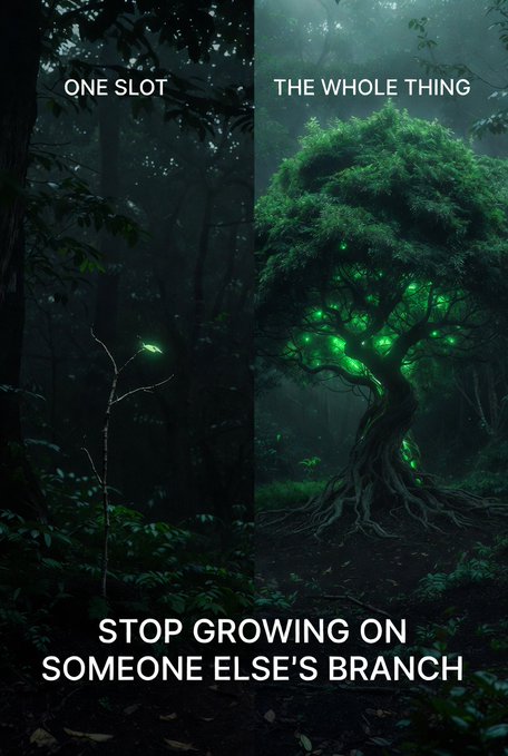 A split fantasy image contrasts a small glowing sprout labeled 'ONE SLOT' on the left with a massive, glowing tree labeled 'THE WHOLE THING' on the right, captioned 'STOP GROWING ON SOMEONE ELSE'S BRANCH.'
