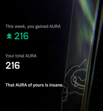 A screenshot from an app that tracks an individual's progress towards gaining aura energy by the end of a week, which includes the total amount earned for this goal. The numbers presented are derived from a bulk trade account, with the user having already deposited 3K USDC and earning 216 AURA per week for generating 216 points to move forward in their journey.