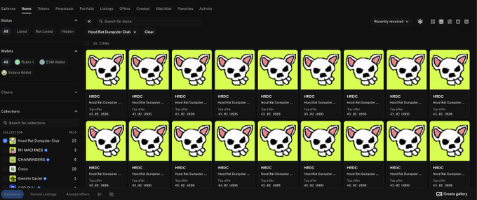 The image shows a digital NFT gallery interface displaying 25 Hood Rat Dumperz Club (HRDC) collectibles, each priced at 47.32 USDC, with the post highlighting quick entry into the collection with 10X potential returns.