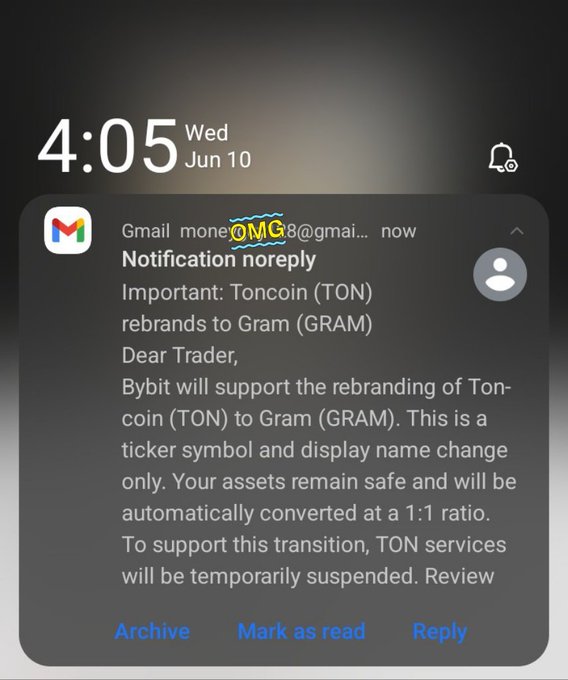 A screenshot of a text conversation, featuring a message from Bybit Inc., who has been mentioned in the post. The email contains several words that read "OMG", indicating surprise or excitement about the new rebranded TON coin service by Bybit Inc.