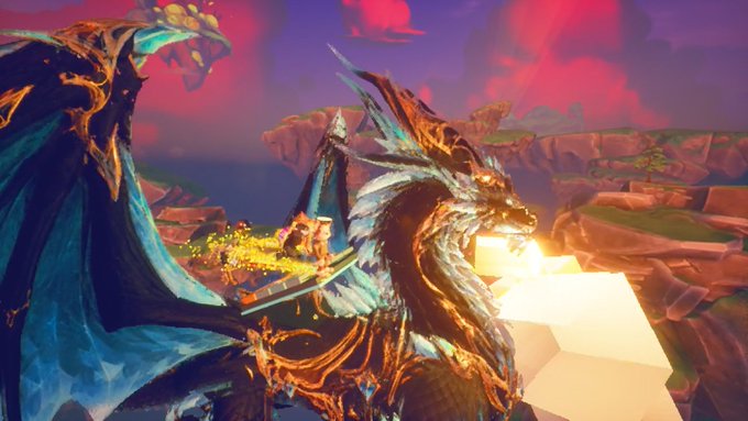 A vibrant digital fantasy illustration depicting a large, detailed blue and gold dragon breathing fire next to a small, glowing figure on a rocky landscape under a pink and purple sky.
