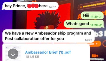 A screenshot of a WhatsApp chat where a user greets "Prince," before receiving a message stating, "We have a New Ambassador ship program and Post colaboration offer for you," followed by an attachment named "Ambassador Brief (1).pdf." This appears to be a promotional outreach for a web3 ambassador role or similar job opportunity.