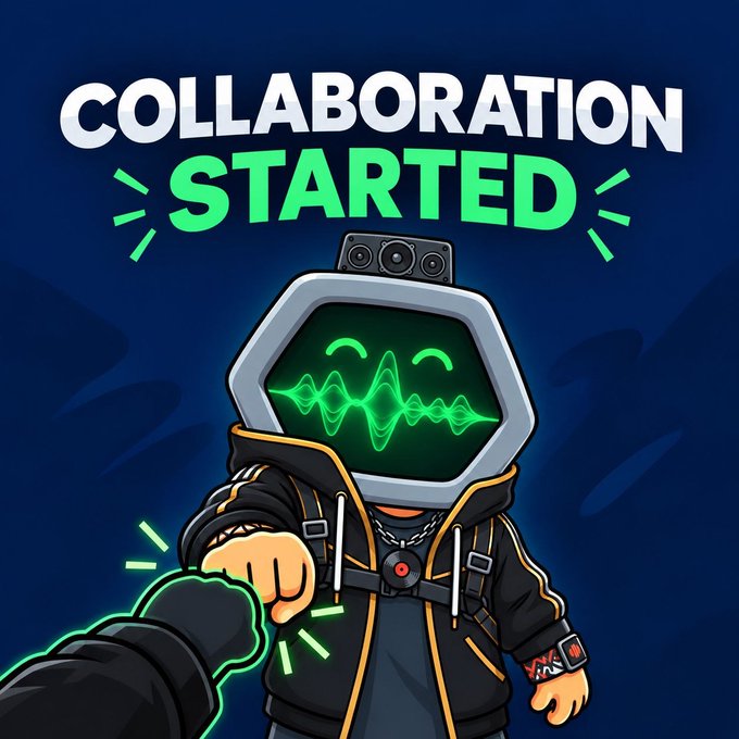 An illustrated graphic of a character with a sound wave monitor face receiving a fist bump, with the text 'COLLABORATION STARTED'.