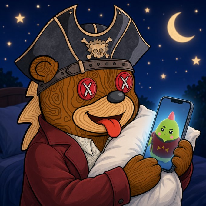 An illustration of a teddy bear dressed as a pirate with X eyes and a pirate hat, lying in bed while looking at a phone displaying a green avocado character.