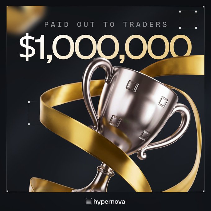 A promotional graphic for 'hypernova' features a silver trophy with golden ribbon accents and large text reading 'PAID OUT TO TRADERS $1,000,000'.