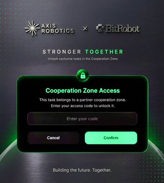 A collaboration graphic from Axis Robotics and BitRobot Network invites users to enter an exclusive access code for the "Cooperation Zone," supporting a social media giveaway of 10 alliance codes to celebrate their partnership, backed by $12M in funding. The image displays a sleek interface prompting users to "Enter your code" alongside the tagline "Building the future. Together."