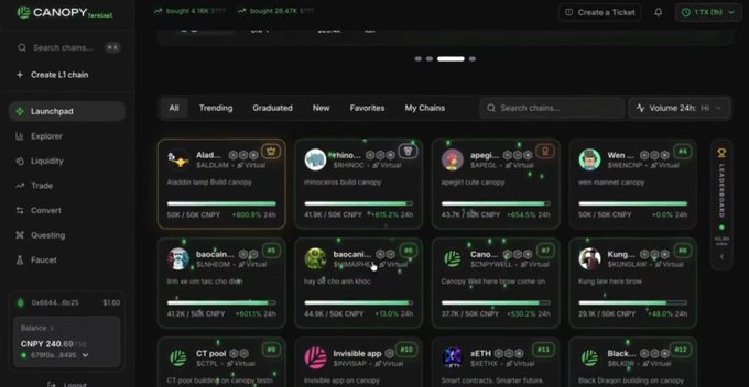 A screenshot of the Canopy testnet platform interface displaying various token launchpad projects (like Aladdin, rhinocu, apggi, Wen) with their market caps and 24-hour price changes in a dark-themed dashboard.