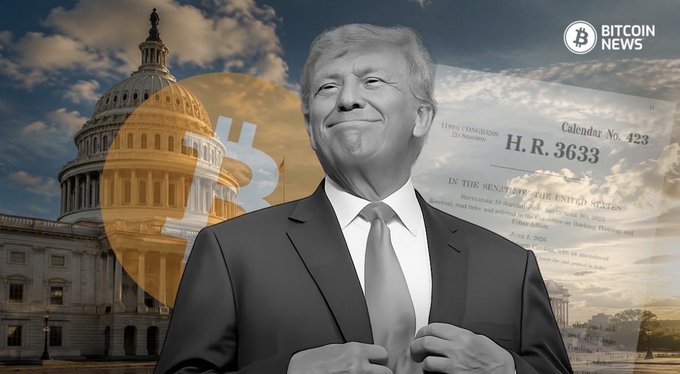 A graphic depicts President Donald Trump in a suit adjusting his tie, with the U.S. Capitol building, a Bitcoin logo, and a partially visible document labeled "H.R. 3633" in the background. The image illustrates the upcoming September 15 Senate cloture vote on the Clarity Act, tying together Trump, crypto policy, and federal legislation.