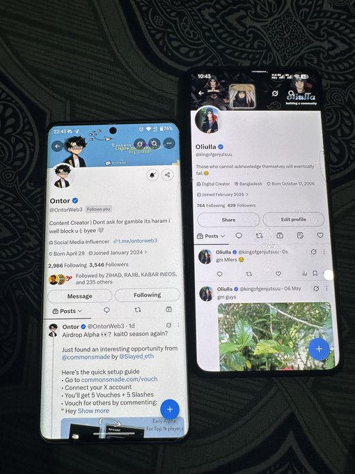 Two smartphones lie side by side on a patterned dark fabric, displaying X (formerly Twitter) profiles including one for 'Ontor (@OntorWeb3)' and another for 'Oliulla (@kingofgenjutsu)' with various posts and follower counts visible.