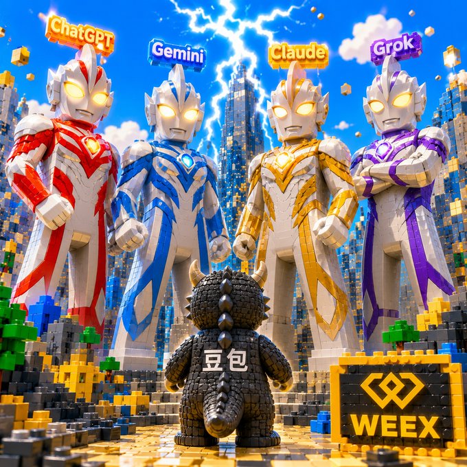 The image features a group of four Lego figures standing next to each other, with one figure holding a sign that says "ChatGPT Plus貴3倍". The background includes a blue sky and mountains, creating an interesting contrast between the Lego figures and their surroundings. The post also contains text in Chinese, which might be related to the Lego figures or the overall theme of the image.
