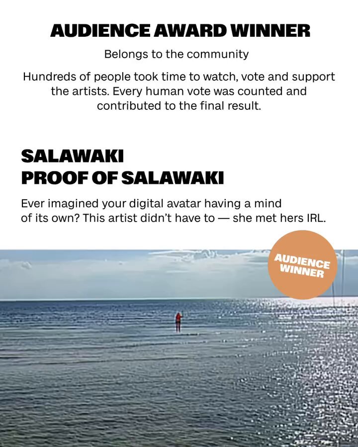 The image features a poster for an award given to @Salawaki. The poster includes text that congratulates him on winning the Audience Award. It also mentions that the award was developed through the Artist Residency curated by @postanika, which is a program designed to support emerging artists and help them gain recognition in their field.
