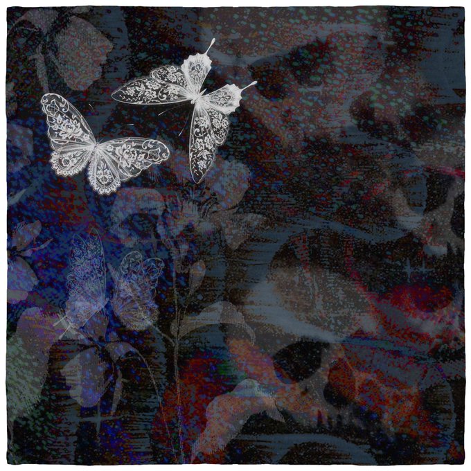 A dark, textured scarf features two white lace butterflies against a mottled blue, red, and green background.
