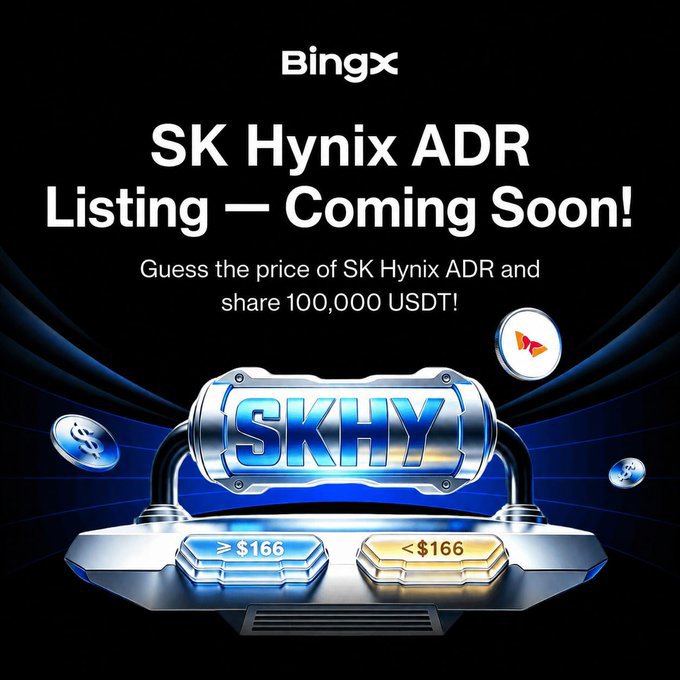 This is an advertisement for the upcoming SK Hynix ADR (SKHY) on Bingx, inviting users to guess its launch price and compete for prizes. It relates to the SK Hynix prediction task mentioned in the post.