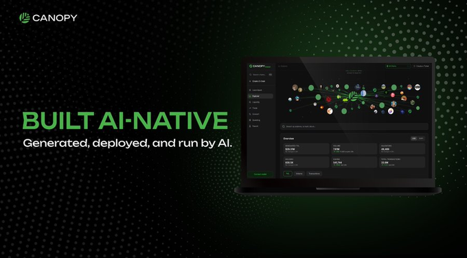 The image is a promotional graphic for Canopy (CNPY) featuring the tagline "BUILT AI-NATIVE" with the subtitle "Generated, deployed, and run by AI," alongside a laptop displaying the Canopy dashboard with a network visualization and balance metrics. It visually reinforces the post's message that Canopy's infrastructure is purpose-built to support AI-driven application generation, deployment, and onchain operation.