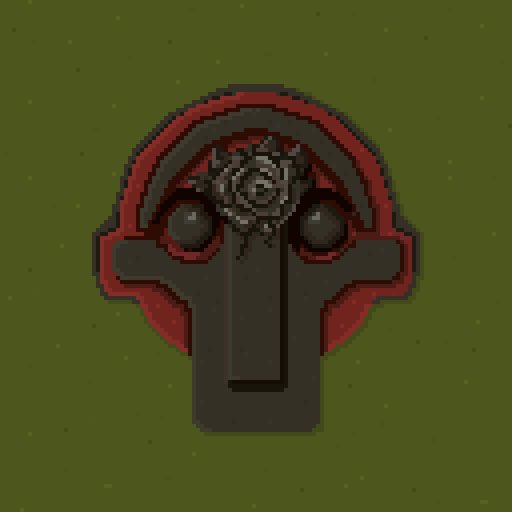 A pixel-art emblem featuring a dark gray ankh-like symbol with a rose in the center, framed by a red circular border, set against an olive-green background.