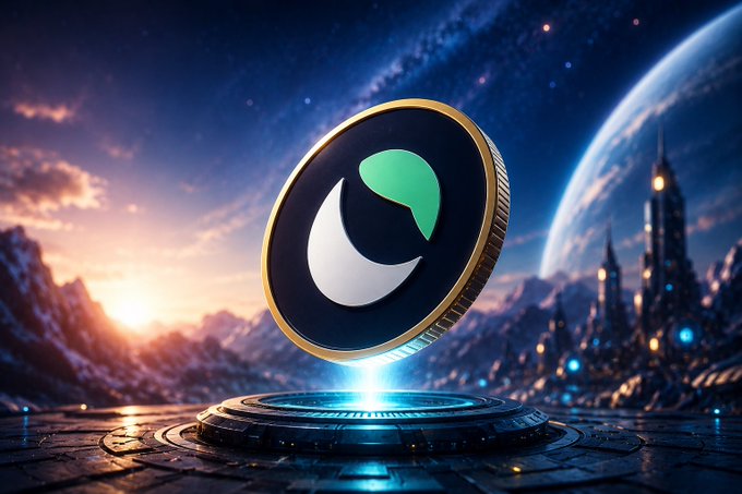 A digitally rendered coin featuring a green and white logo on a gold-rimmed disc, floating above a glowing platform against a cosmic backdrop with a planet, stars, and futuristic city.