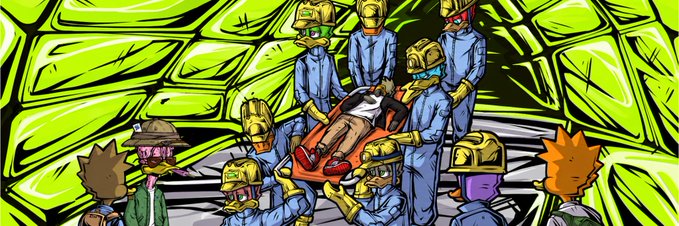 A group of cartoon characters in blue hazmat suits and gas masks carry a stretcher through a neon green, hive-like tunnel, evoking a mysterious rescue mission that ties into the post's teaser of "Duckshood" — a 9,999 duck NFT collection launching on OpenSea in three stages (GTD, FCFS, Public), with holders of CCFF00club automatically eligible for early access.