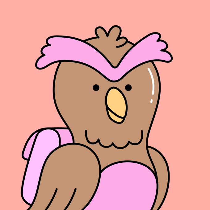 A cartoon illustration of a brown owl-like bird character wearing a pink superhero mask and cape against a pink background.