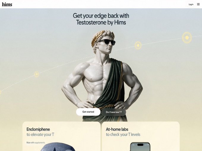 A webpage screenshot for 'hims' featuring the headline 'Get your edge back with Testosterone by Hims' alongside a muscular statue wearing sunglasses, with buttons labeled 'Get started' and 'Do I have low T?'.