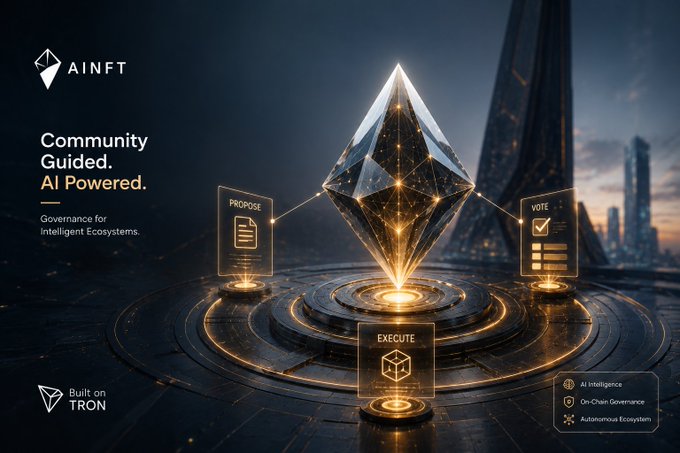 A promotional graphic for AINFT featuring a glowing diamond-shaped object above a circular platform with 'PROPOSE', 'VOTE', and 'EXECUTE' icons, with text 'Community Guided. AI Powered.' and 'Built on TRON'.
