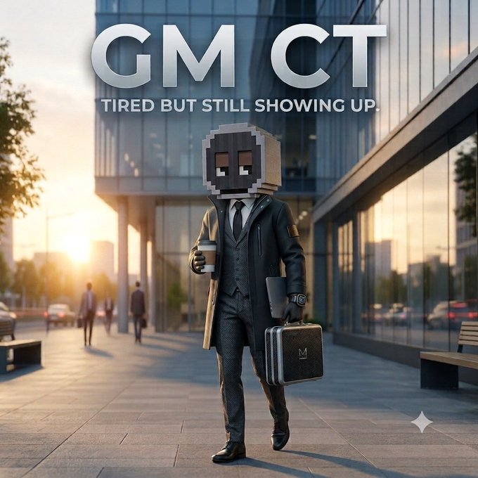 This image features a pixelated character in a suit walking through a city street, accompanied by the text "GM CT" and "TIRED BUT STILL SHOWING UP." The character's determined, weary aesthetic visually represents the sentiment of perseverance mentioned in the post's "lock in" message.