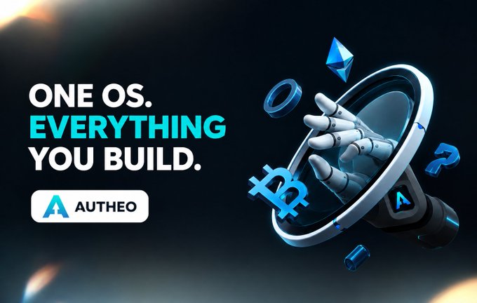 A promotional graphic for 'Autheo' reading 'ONE OS. EVERYTHING YOU BUILD.' next to a robotic hand reaching through a portal surrounded by Ethereum and other crypto symbols.