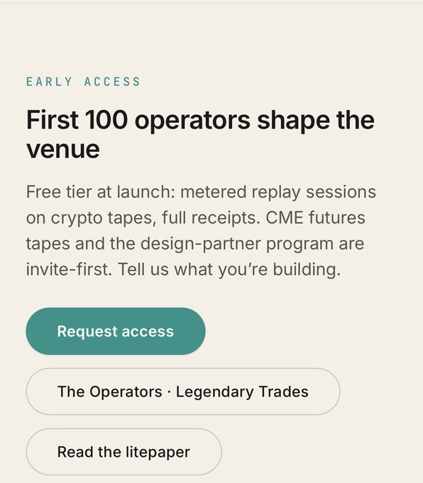 A promotional graphic reading 'EARLY ACCESS — First 100 operators shape the venue' with a 'Request access' button and links for 'The Operators · Legendary Trades' and 'Read the litepaper.'