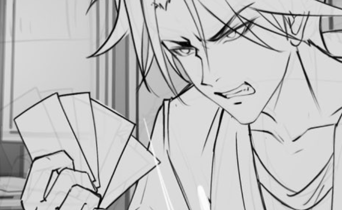A black and white anime-style sketch shows a character with messy hair angrily holding a hand of playing cards.