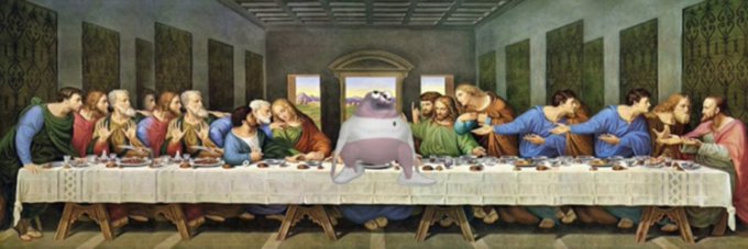 The image is a playful parody of Leonardo da Vinci's "The Last Supper," featuring a cartoon character wearing a pink cap and drooling standing in the center of the table where Jesus would traditionally be positioned. This humorous edit serves as the new banner image for the $SPAZ token on Moby, with the spastic, drooling character fittingly embodying the "SPAZ" meme theme.