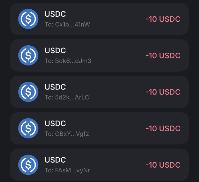 The image displays a list of five USDC (USD Coin) transactions on what appears to be a Solana wallet or blockchain transaction history interface. Each entry shows a blue USDC coin icon on the left, with the label "USDC," a recipient address (To: Cx1b...41nW, Bdk6...dJm3, 5d2k...ArLC, GBxY...Vgfz, and FAsM...vyNr), and a transaction amount of "-10 USDC" displayed in red on the right, indicating outgoing transfers. 

This image relates to the accompanying post announcing $50 winners of a giveaway (GA), where the host is distributing $10 USDC to each of the five mentioned winners (@Soul_of_webb3, @LinBeHodlAF, @INDRA_xbt, @sollad, and @shelbyofsolana), corresponding to the five outgoing transactions visible in the list.