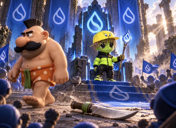 A muscular cartoon warrior with a mustache and a green-skin character in a yellow hardhat stand triumphantly on a blue throne emblazoned with water droplet symbols, with a sword lying on the ground before them—visually representing the post's message that "Darrell" can retire in peace while @DiegoDaDon_ saves the $SUI trenches.